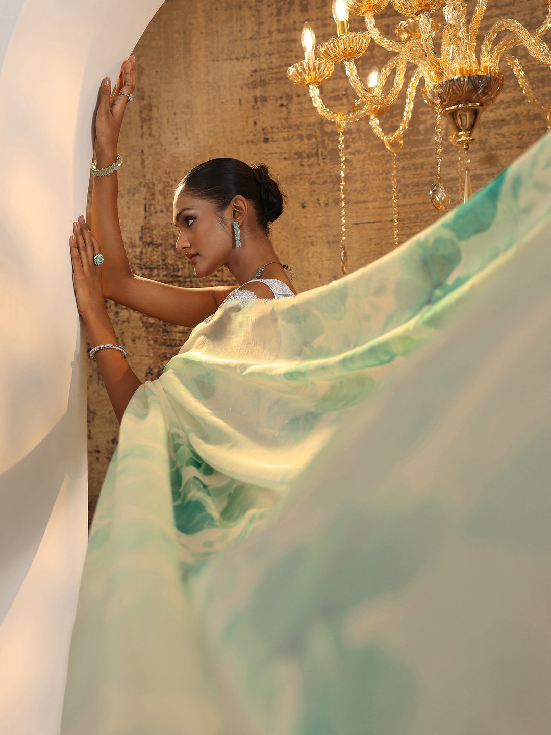 Green Printed Satin Saree With Unstitched Blouse Piece