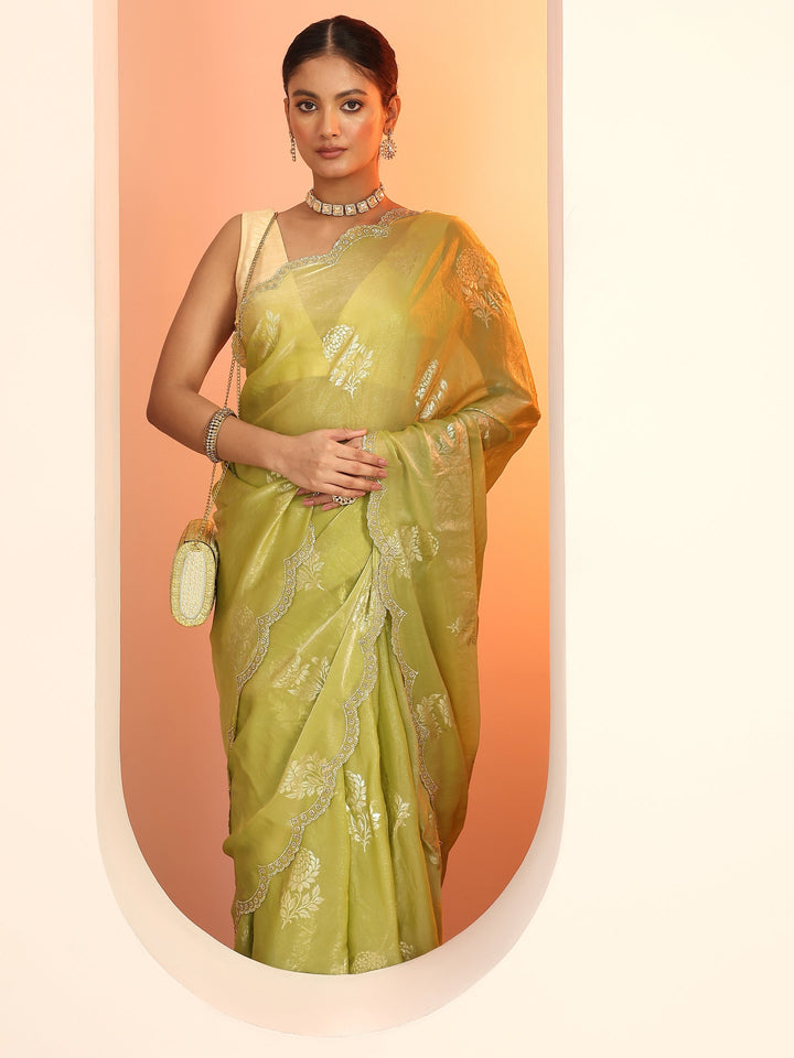 Green Printed Satin Saree With Unstitched Blouse Piece