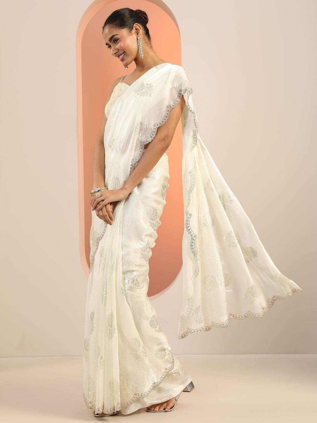 Off White Printed Satin Saree With Unstitched Blouse Piece