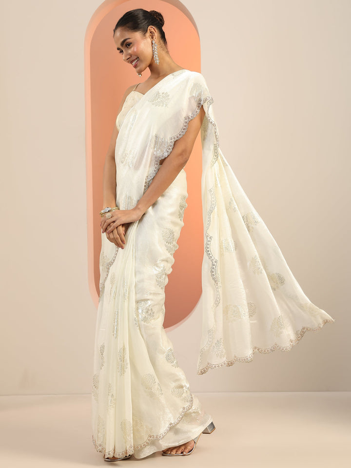 Off White Printed Satin Saree With Unstitched Blouse Piece
