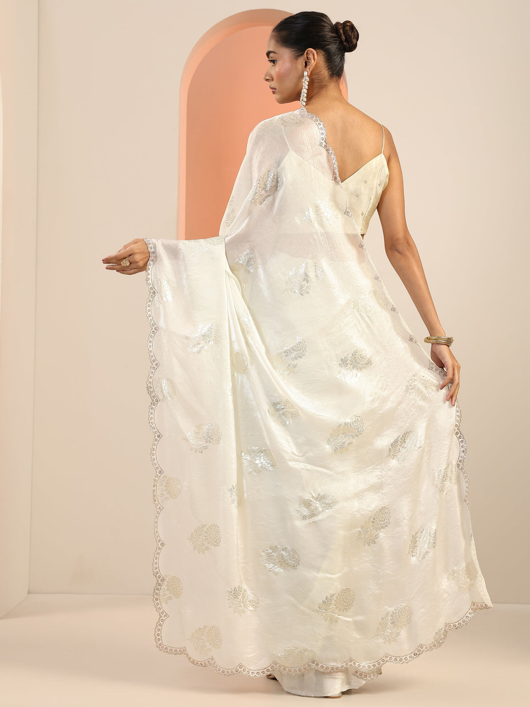 Off White Printed Satin Saree With Unstitched Blouse Piece