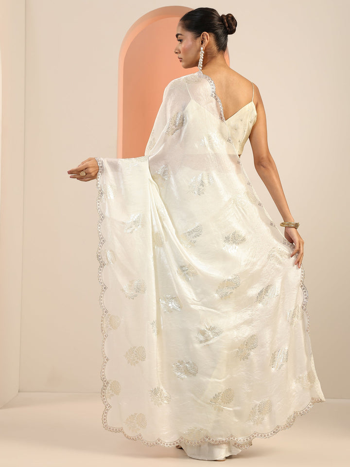Off White Printed Satin Saree With Unstitched Blouse Piece