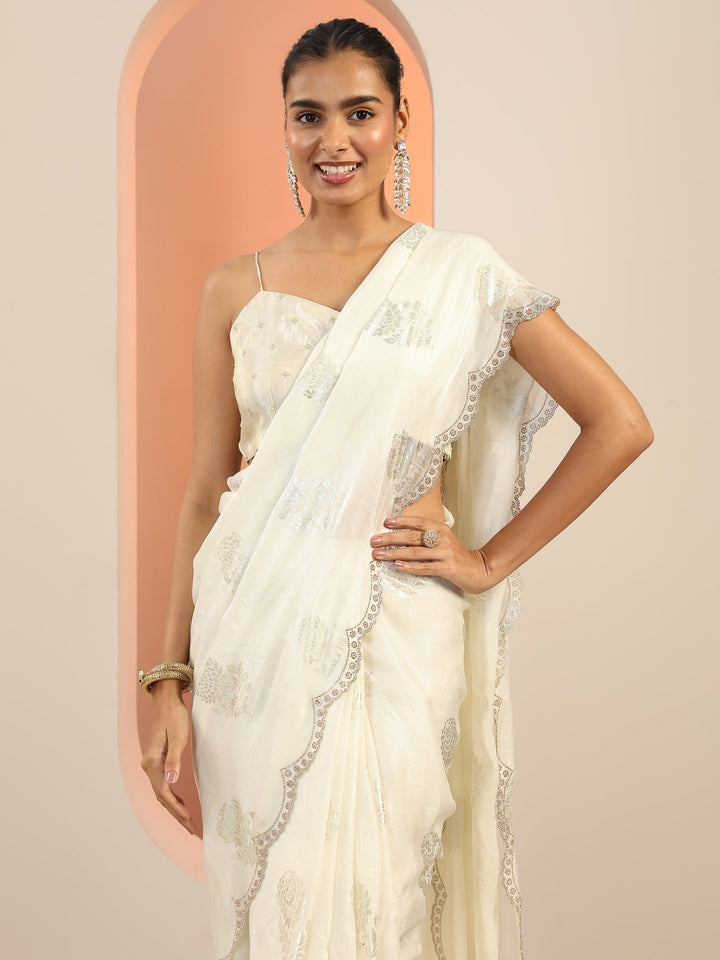 Off White Printed Satin Saree With Unstitched Blouse Piece