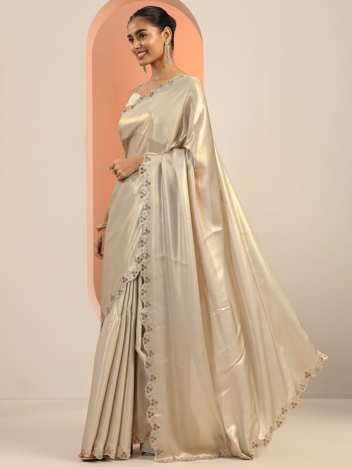 Grey Solid Jimmy Choo Satin Saree With Unstitched Blouse Piece
