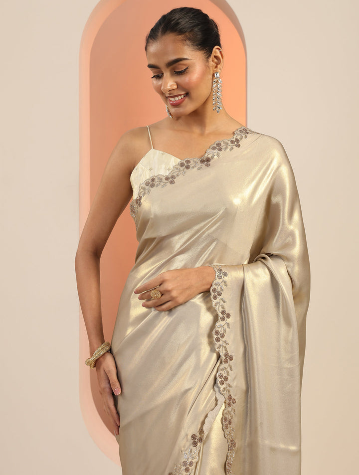 Grey Solid Jimmy Choo Satin Saree With Unstitched Blouse Piece