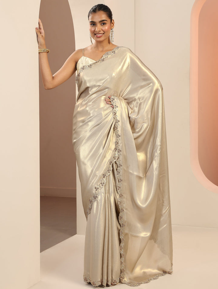 Grey Solid Jimmy Choo Satin Saree With Unstitched Blouse Piece