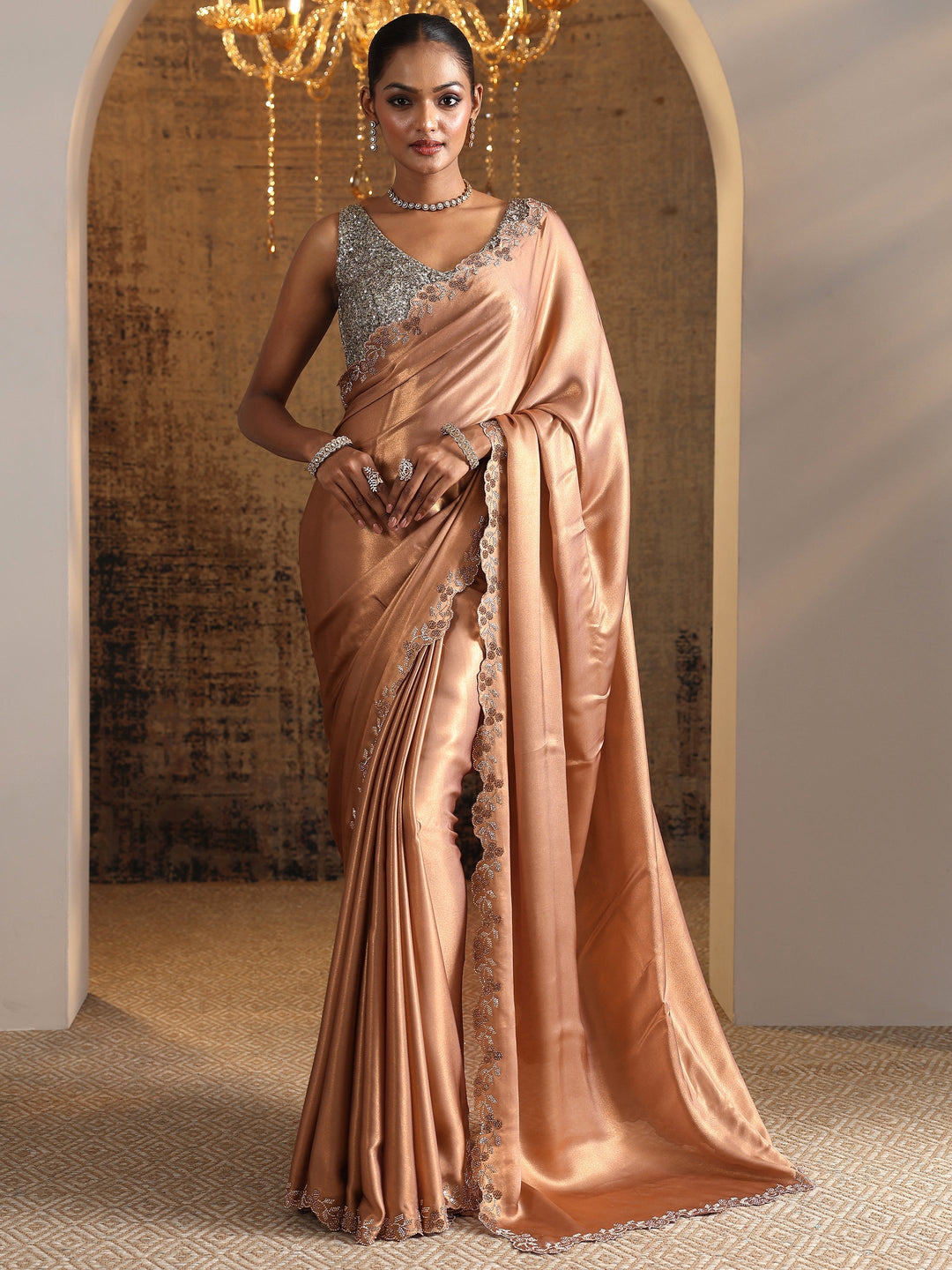 Brown Solid Satin Saree With Unstitched Blouse Piece
