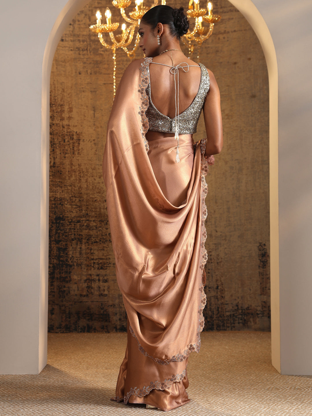 Brown Solid Satin Saree With Unstitched Blouse Piece