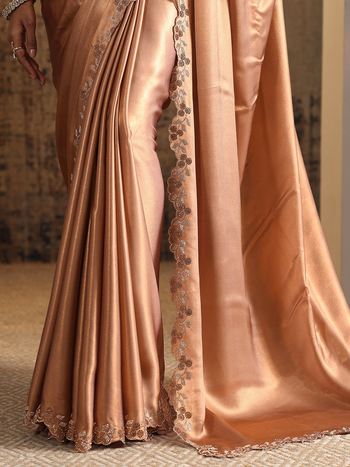 Brown Solid Satin Saree With Unstitched Blouse Piece