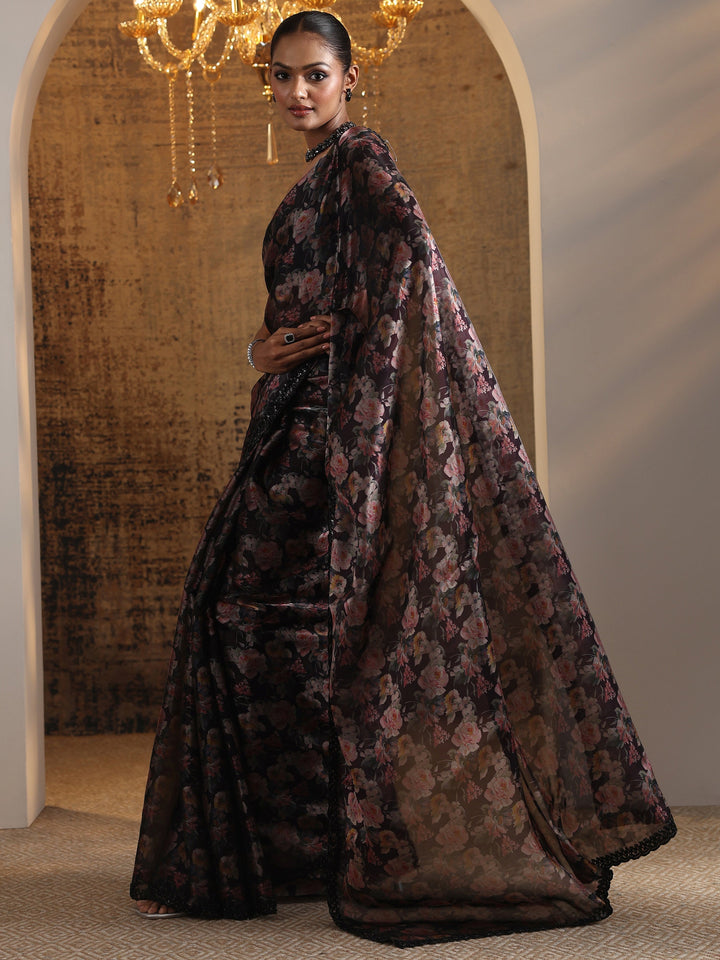 Black Printed Satin Saree With Unstitched Blouse Piece