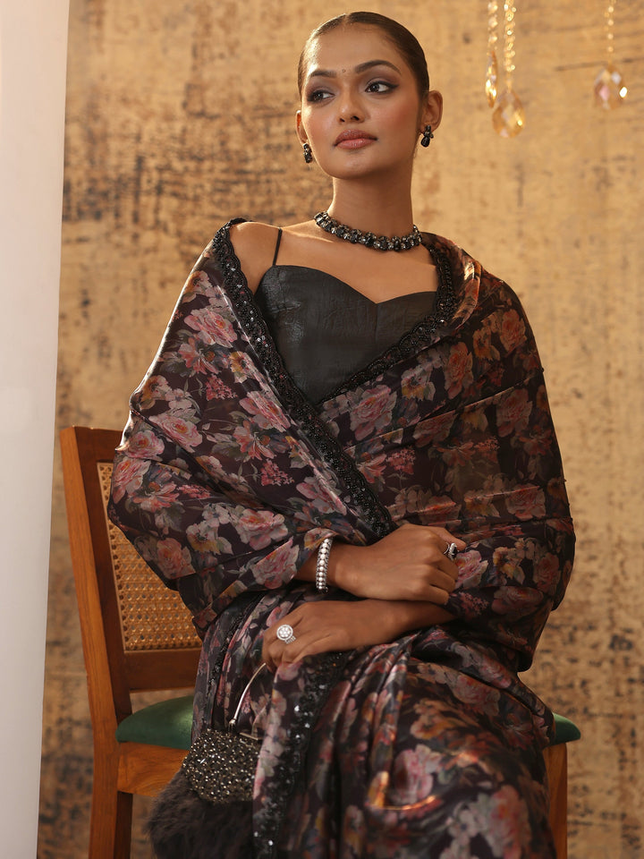 Black Printed Satin Saree With Unstitched Blouse Piece