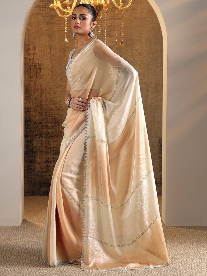 Peach Embellished Satin Saree With Unstitched Blouse Piece