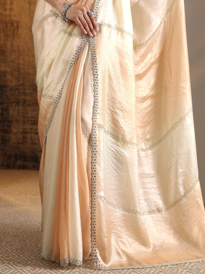 Peach Embellished Satin Saree With Unstitched Blouse Piece