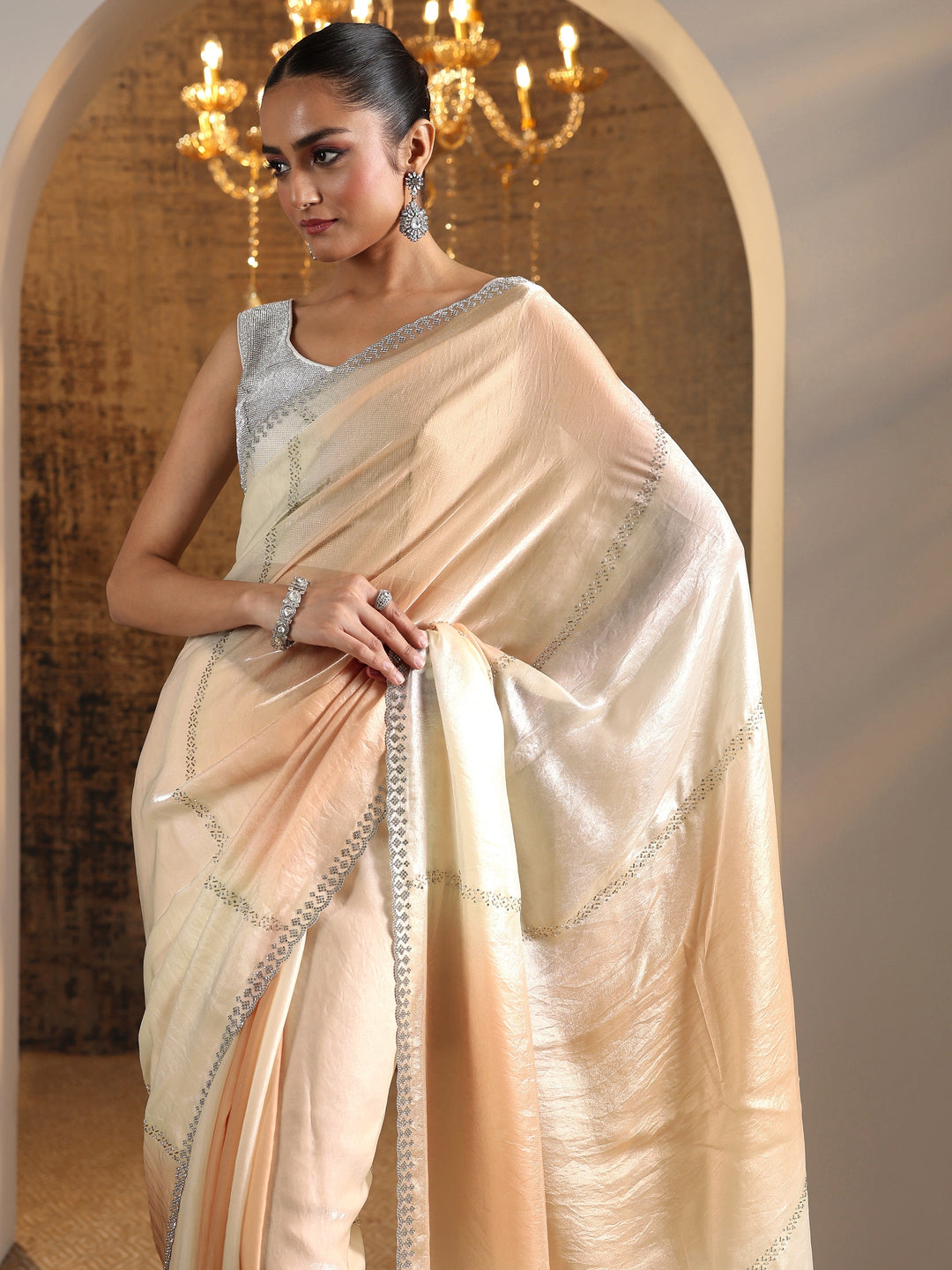Peach Embellished Satin Saree With Unstitched Blouse Piece