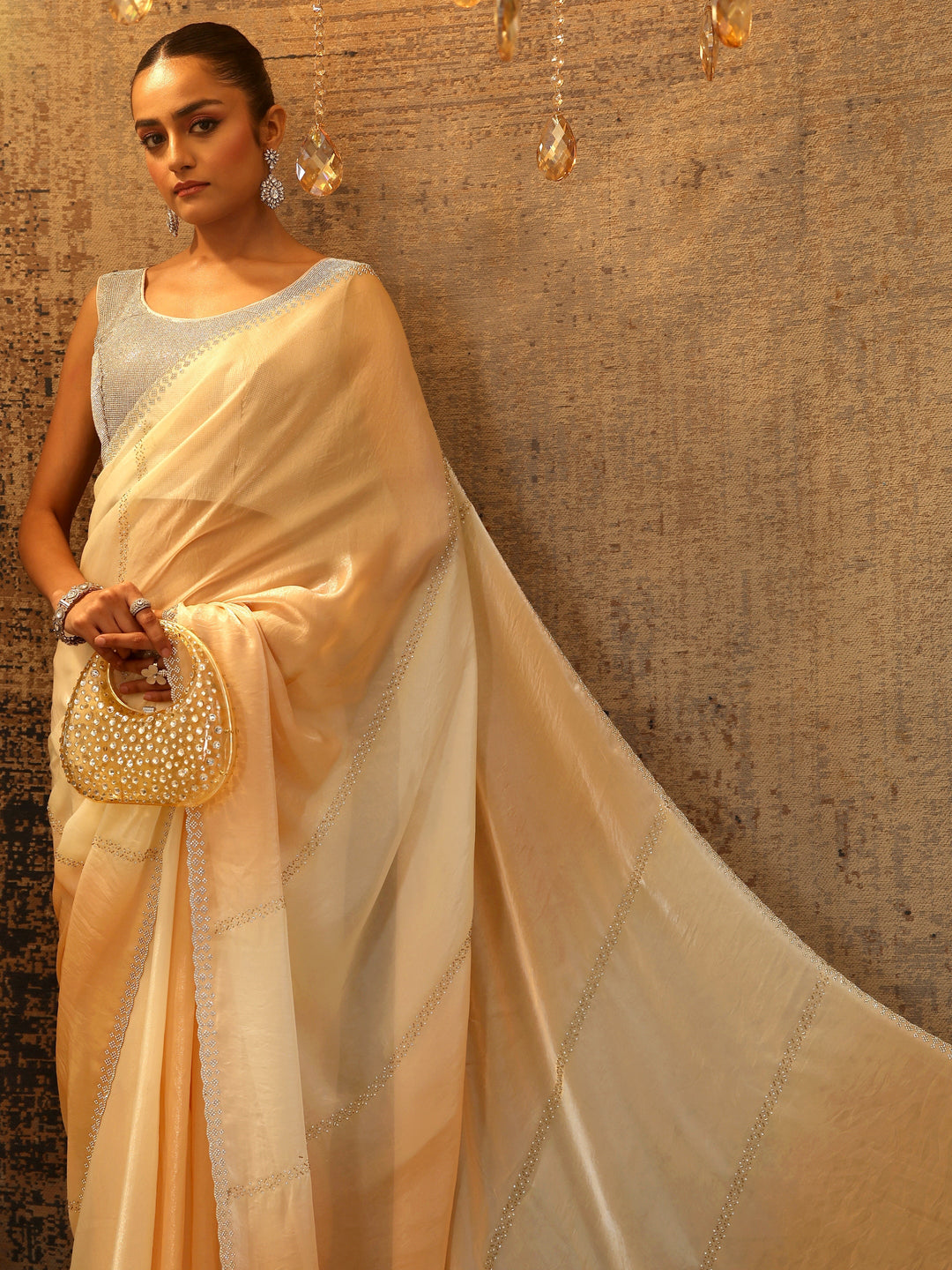 Peach Embellished Satin Saree With Unstitched Blouse Piece