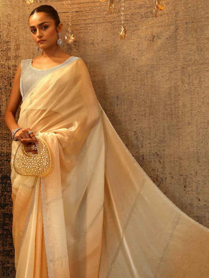 Peach Embellished Satin Saree With Unstitched Blouse Piece
