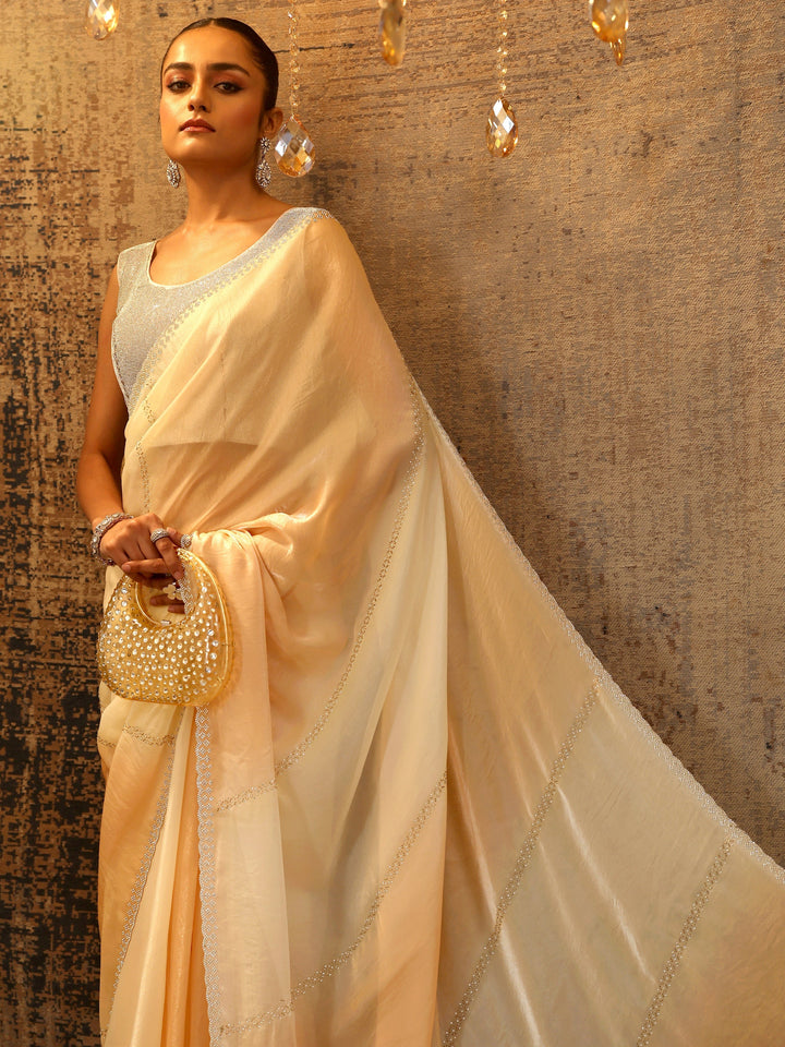 Peach Embellished Satin Saree With Unstitched Blouse Piece