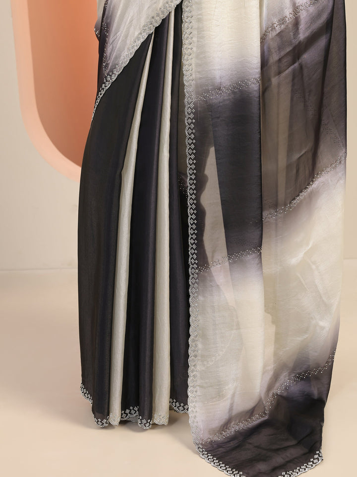 Grey Embellishments Satin Saree With Unstitched Blouse Piece