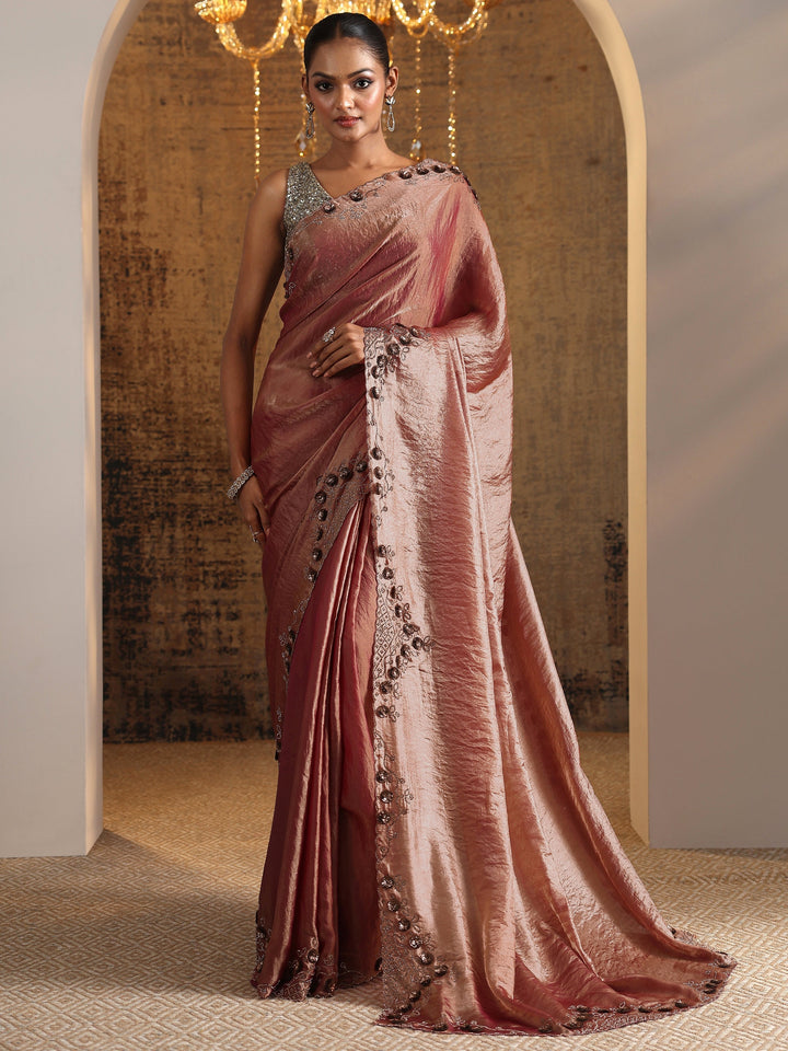 Pink Solid Satin Saree With Unstitched Blouse Piece