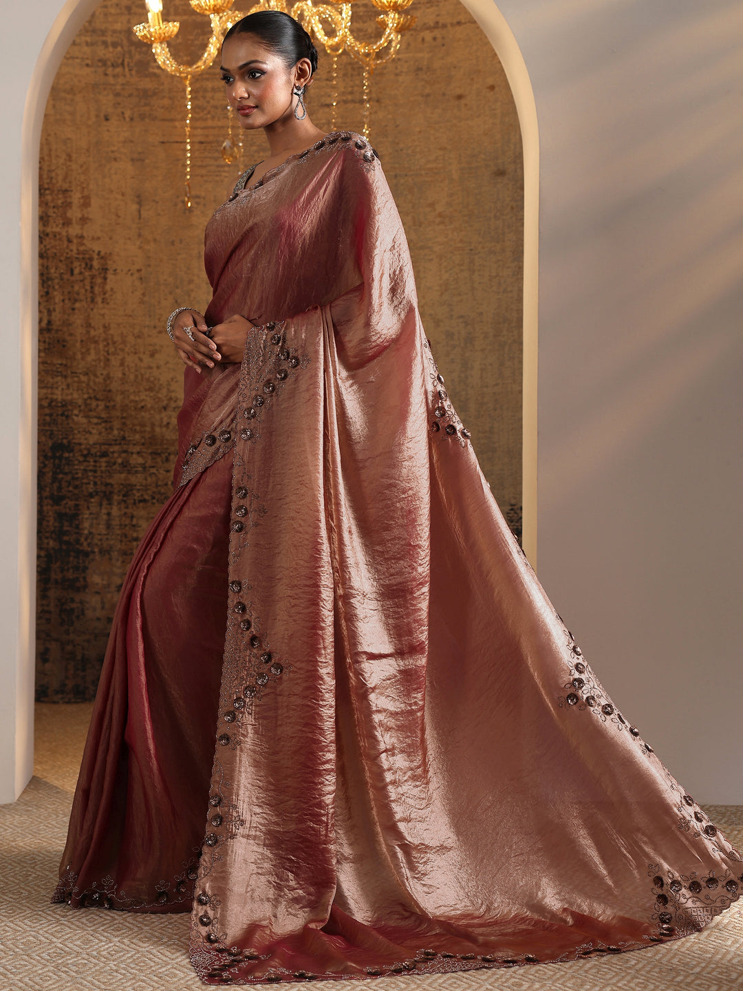 Pink Solid Satin Saree With Unstitched Blouse Piece