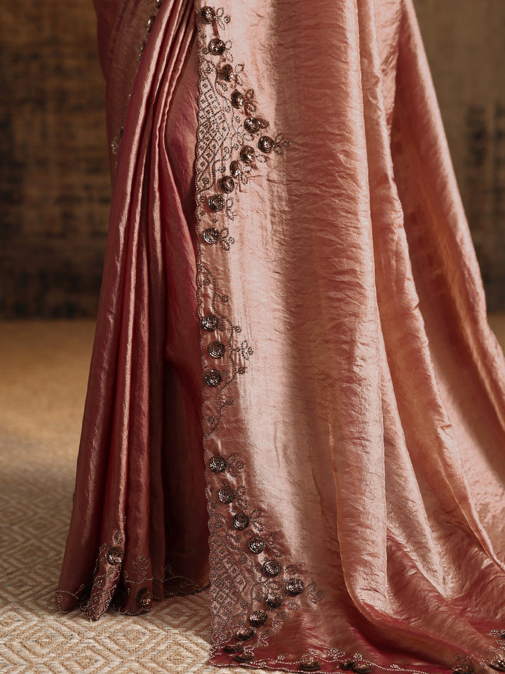Pink Solid Satin Saree With Unstitched Blouse Piece
