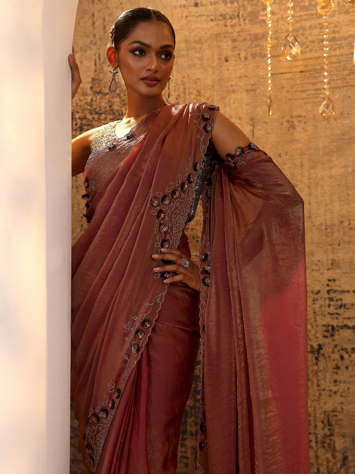 Pink Solid Satin Saree With Unstitched Blouse Piece