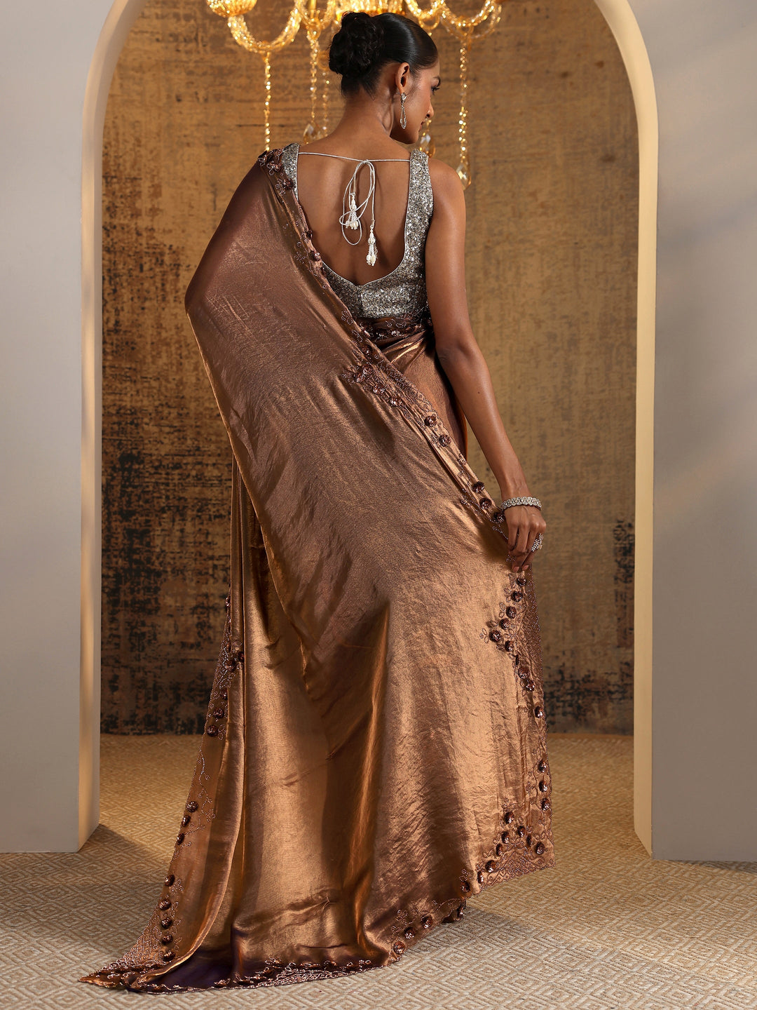 Copper Solid Satin Saree With Unstitched Blouse Piece