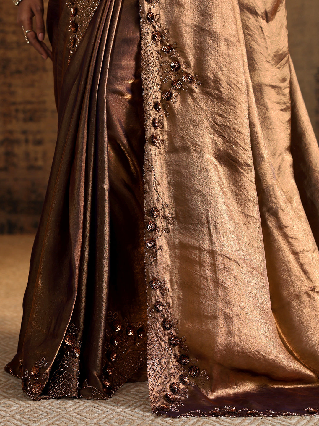 Copper Solid Satin Saree With Unstitched Blouse Piece