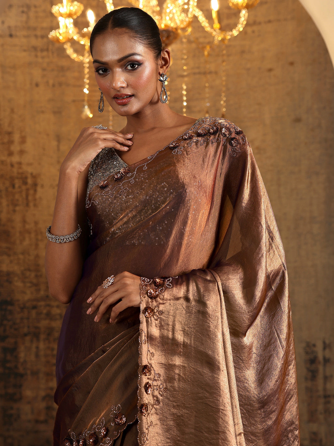 Copper Solid Satin Saree With Unstitched Blouse Piece