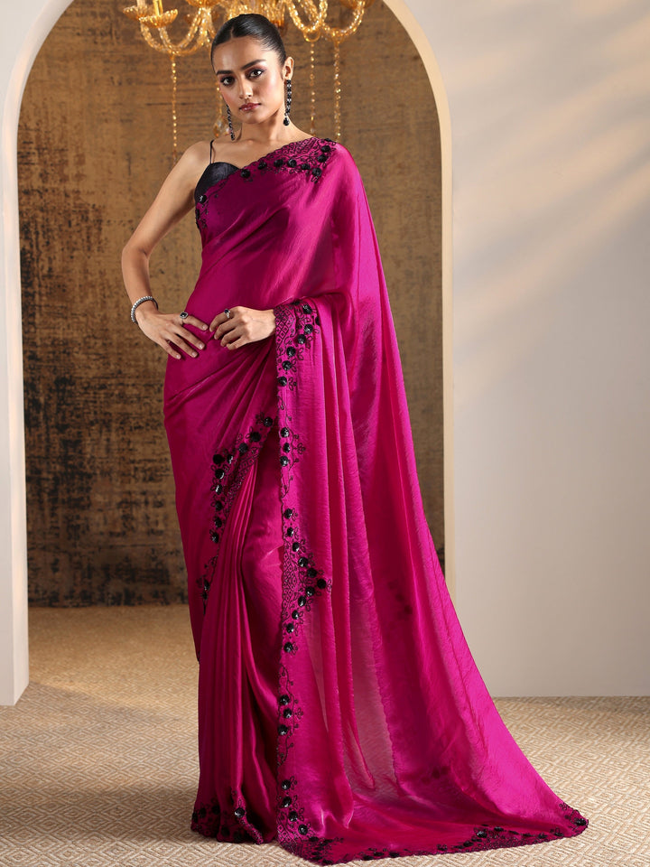 Magenta Solid Satin Saree With Unstitched Blouse Piece