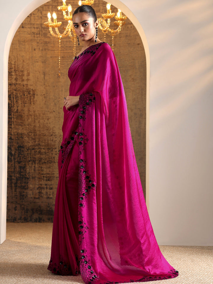 Magenta Solid Satin Saree With Unstitched Blouse Piece