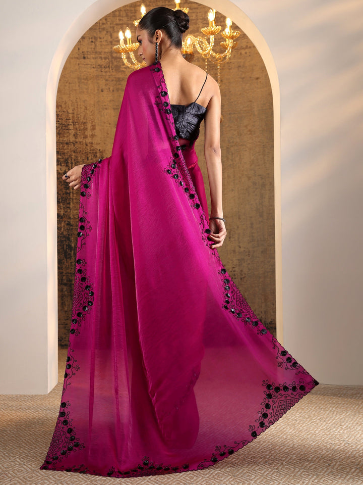 Magenta Solid Satin Saree With Unstitched Blouse Piece