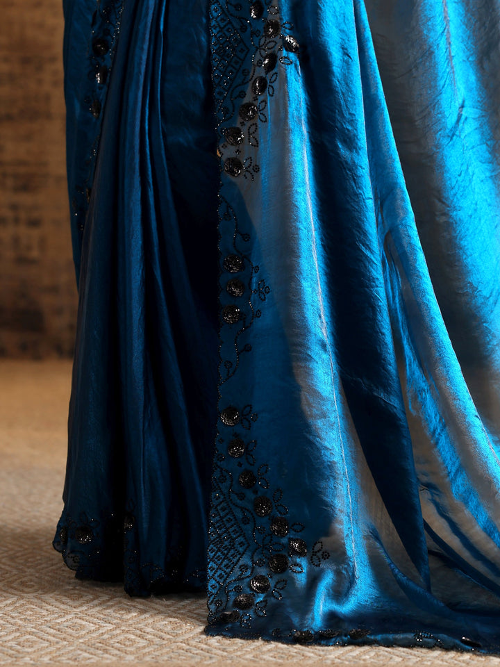 Navy Blue Solid Jimmy Choo Satin Saree With Unstitched Blouse Piece