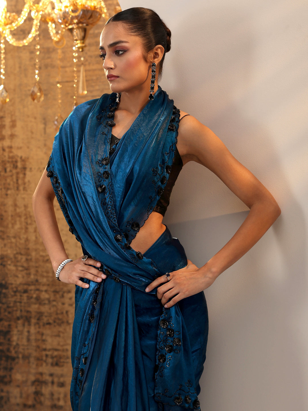 Navy Blue Solid Jimmy Choo Satin Saree With Unstitched Blouse Piece