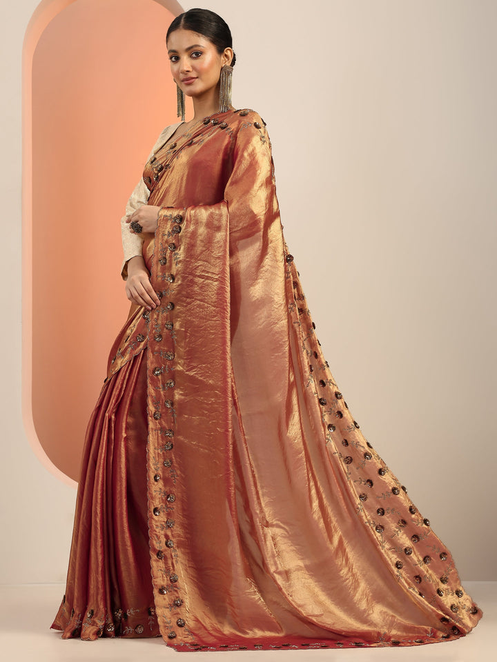 Copper Solid Satin Saree With Unstitched Blouse Piece