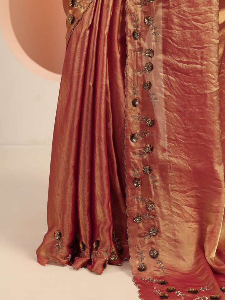 Copper Solid Satin Saree With Unstitched Blouse Piece
