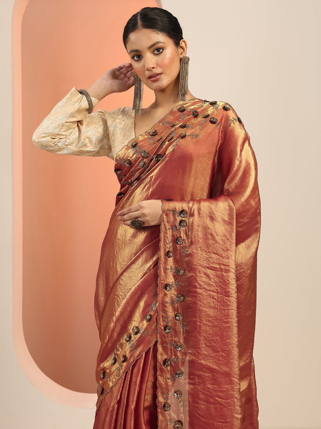Copper Solid Satin Saree With Unstitched Blouse Piece