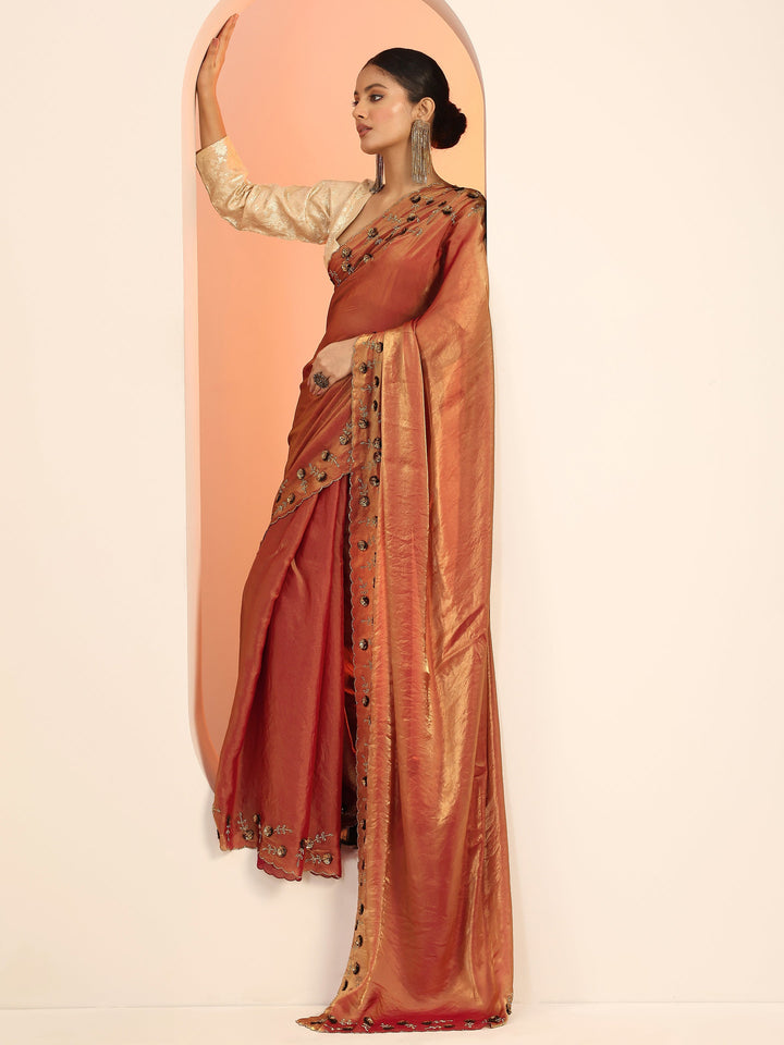 Copper Solid Satin Saree With Unstitched Blouse Piece