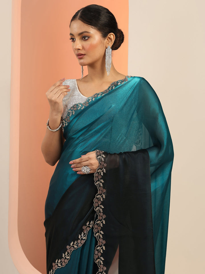 Teal Solid Satin Saree With Unstitched Blouse Piece