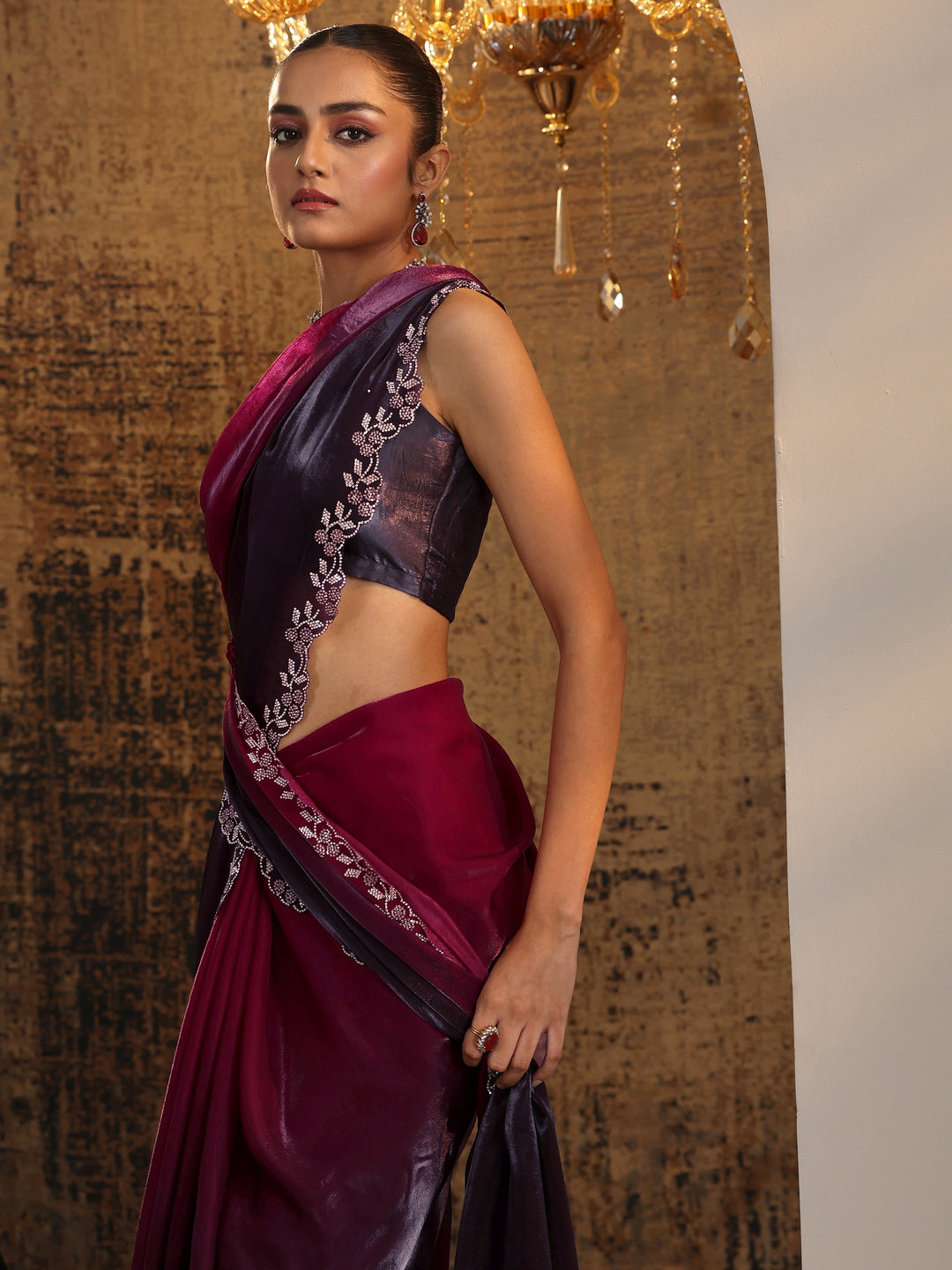Burgundy Solid Satin Saree With Unstitched Blouse Piece