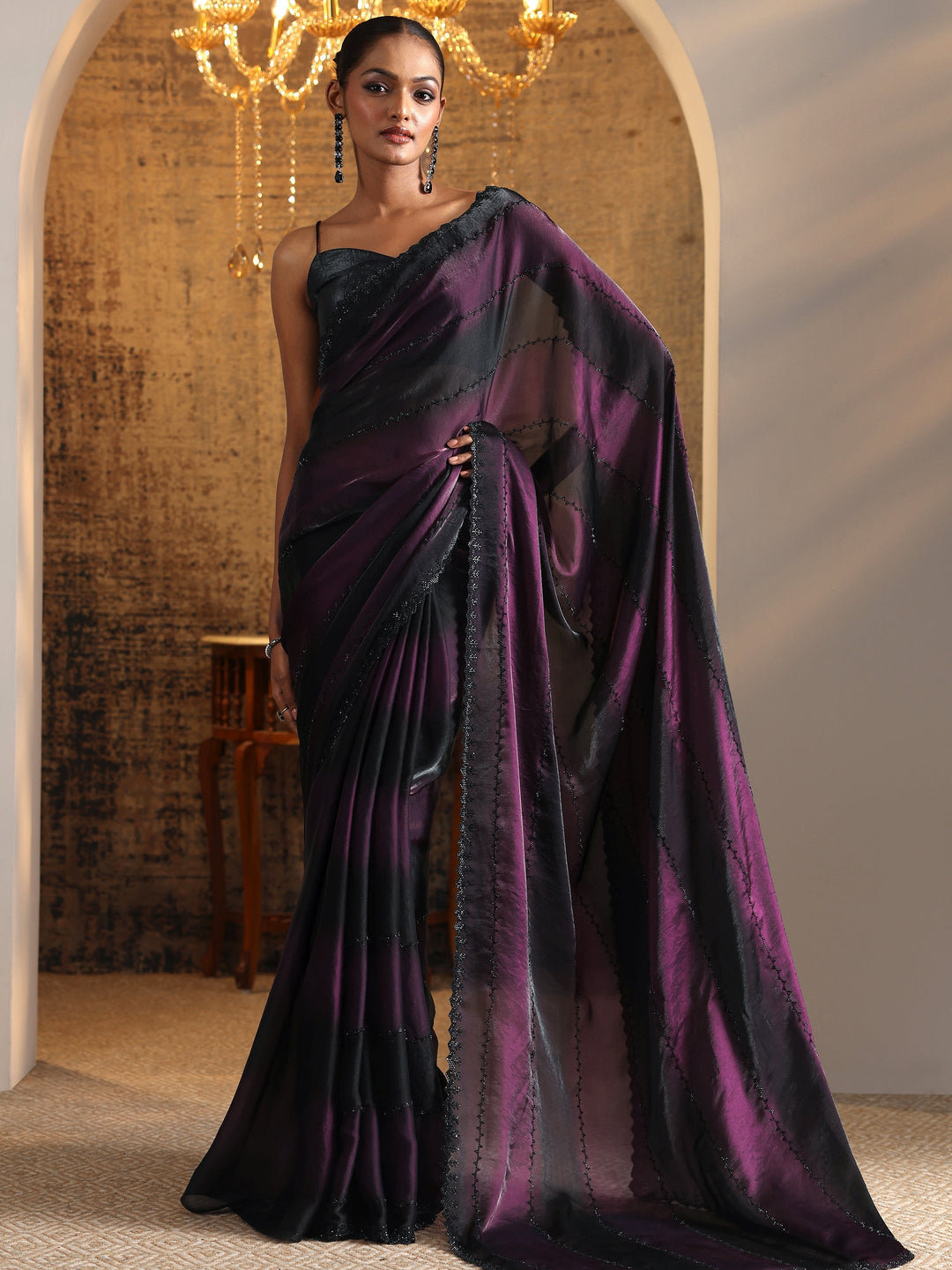 Purple Embellished Satin Saree With Unstitched Blouse Piece