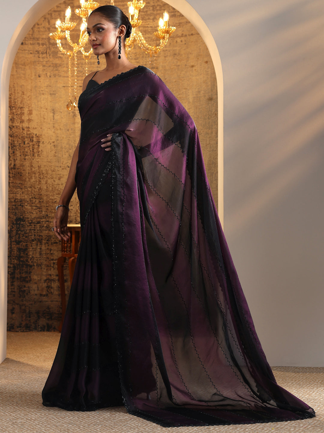 Purple Embellished Satin Saree With Unstitched Blouse Piece