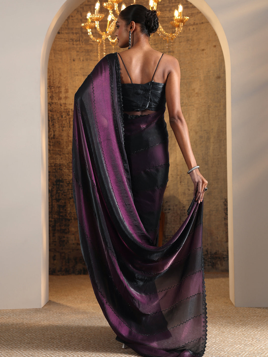 Purple Embellished Satin Saree With Unstitched Blouse Piece