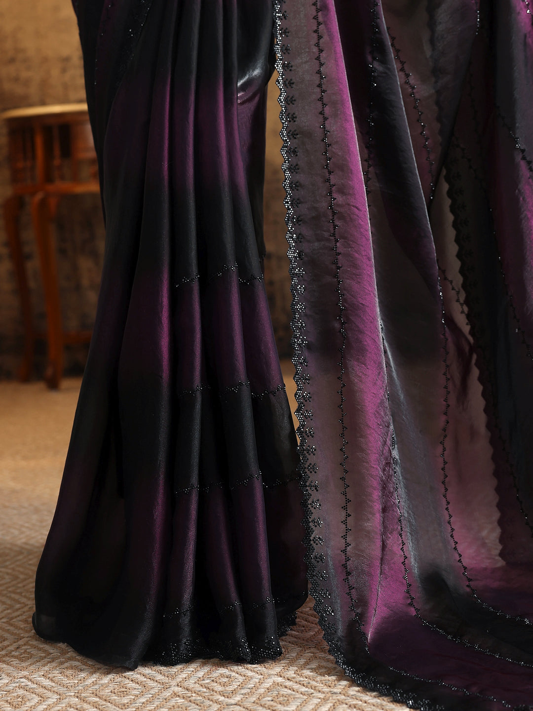 Purple Embellished Satin Saree With Unstitched Blouse Piece