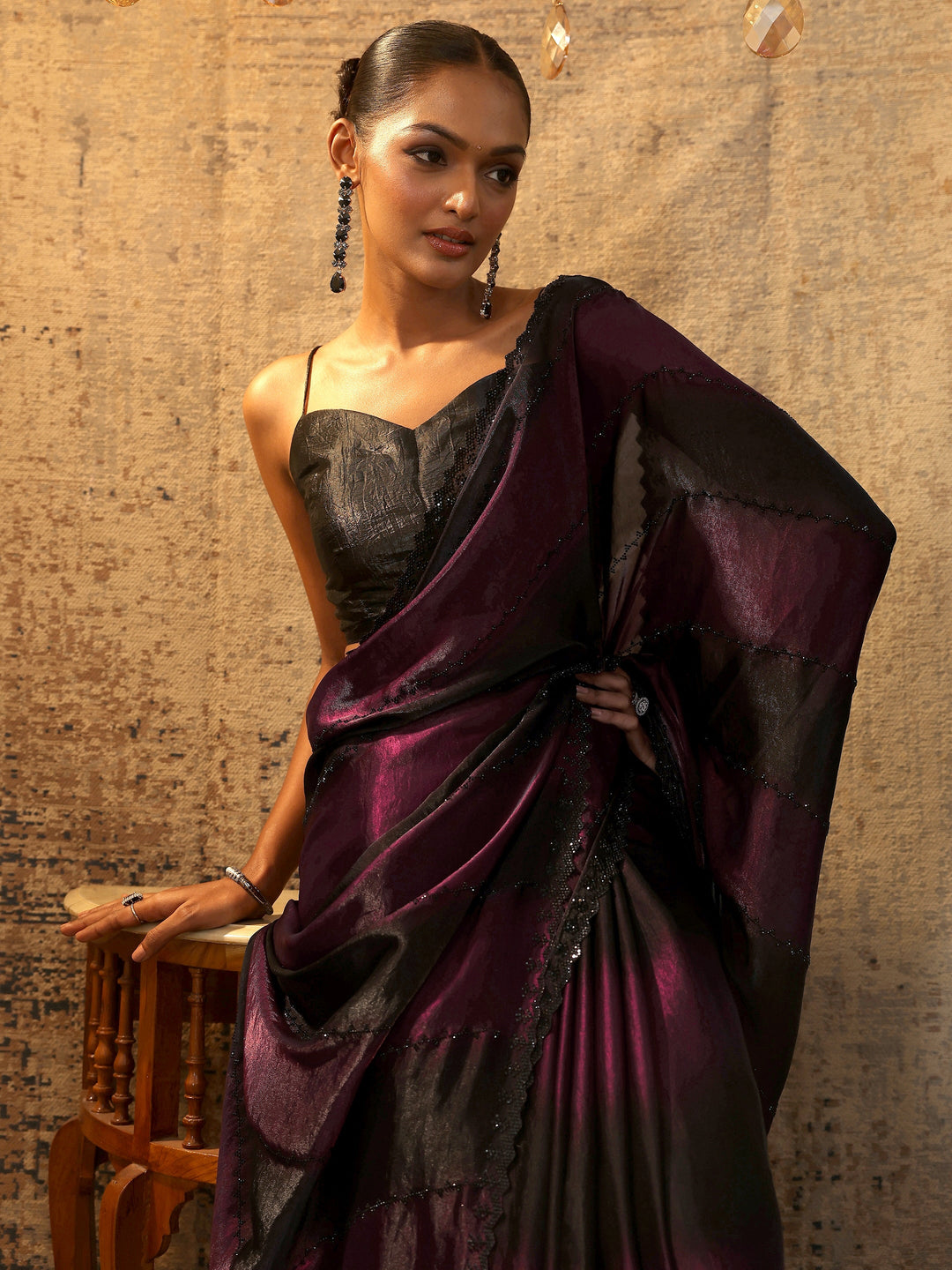 Purple Embellished Satin Saree With Unstitched Blouse Piece