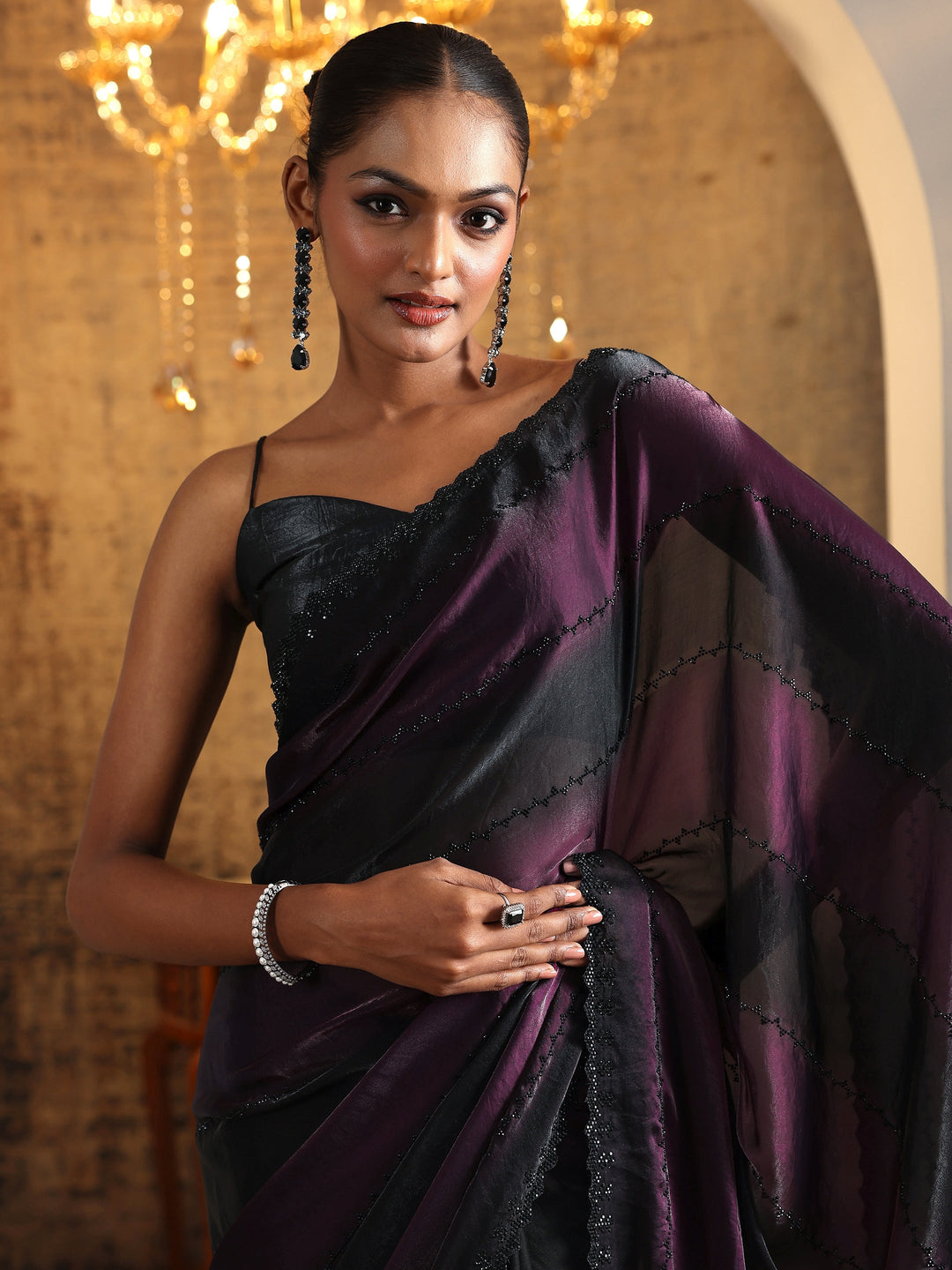 Purple Embellished Satin Saree With Unstitched Blouse Piece