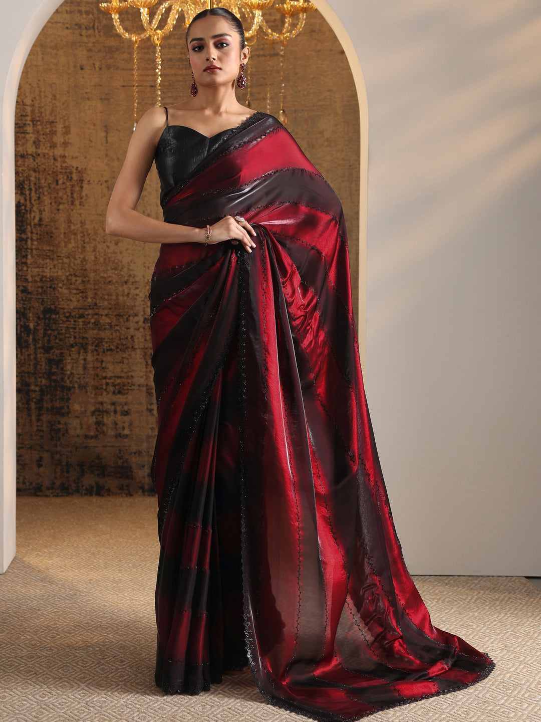 Maroon Embellished Satin Saree With Unstitched Blouse Piece