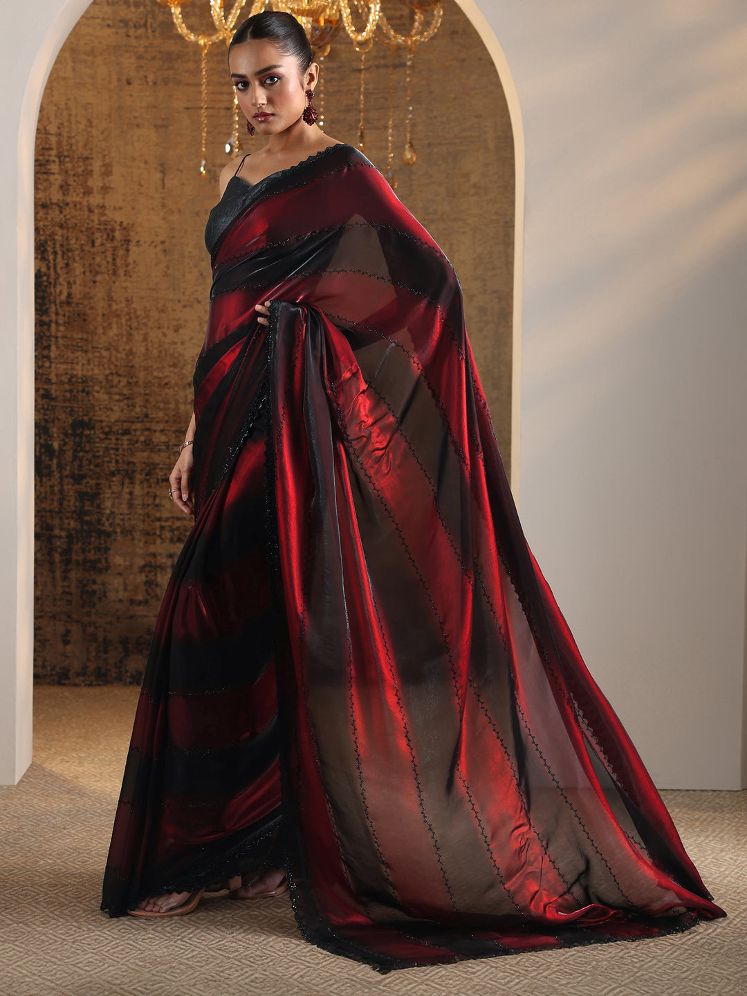 Maroon Embellished Satin Saree With Unstitched Blouse Piece