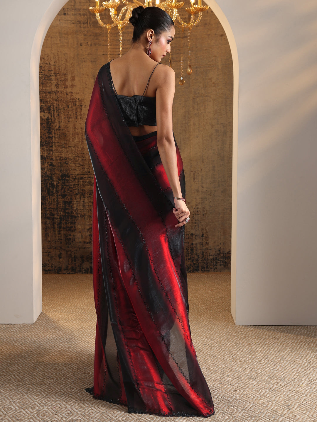 Maroon Embellished Satin Saree With Unstitched Blouse Piece