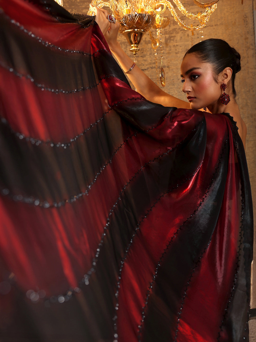 Maroon Embellished Satin Saree With Unstitched Blouse Piece